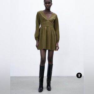 Zara Olive Green Corduroy Mini Dress L